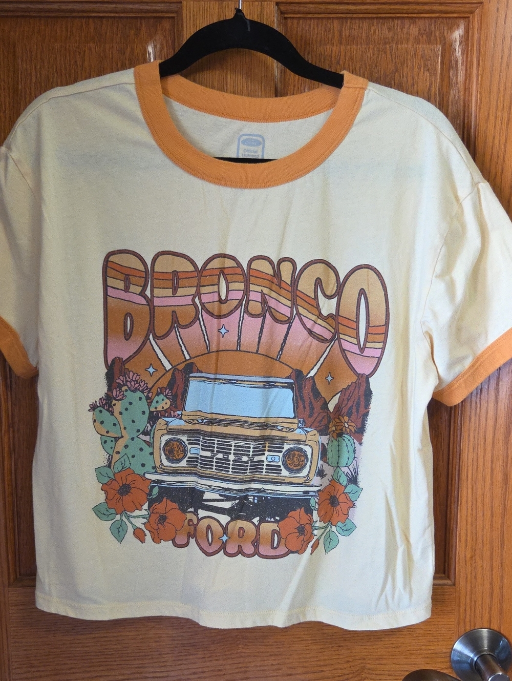 Fruit of the Loom Cream and Orange Ringer Tee with Bronco Graphic